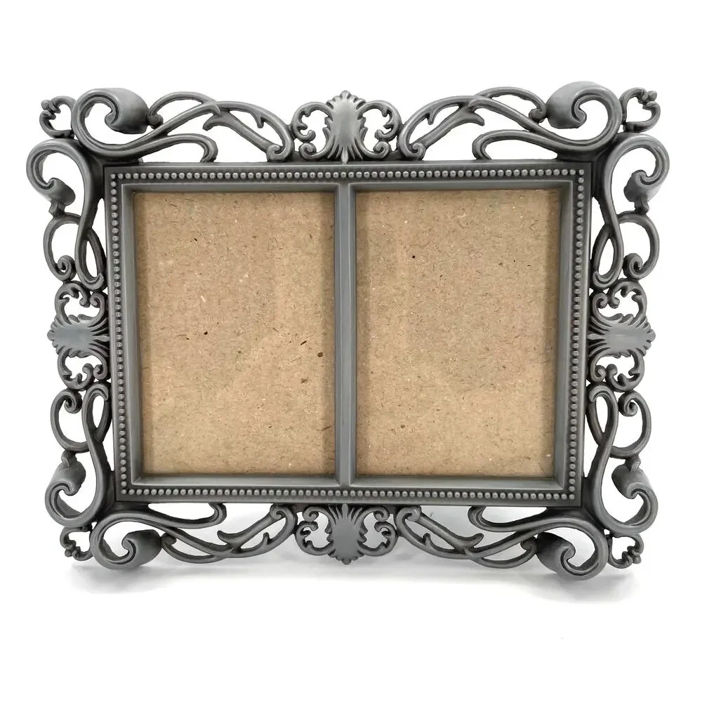 Double Photo Frame, Metal, Pewter Color, Ornate Scroll, 2 1/4” X 3 1/4” Ea. Side
